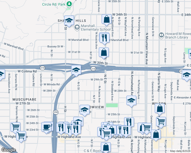 map of restaurants, bars, coffee shops, grocery stores, and more near 2921 North F Street in San Bernardino
