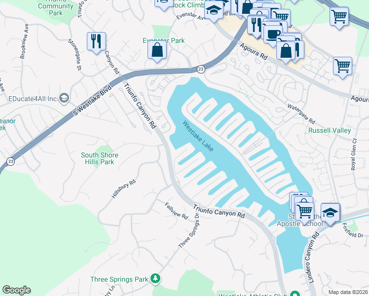 map of restaurants, bars, coffee shops, grocery stores, and more near 2399 Windward Circle in Westlake Village