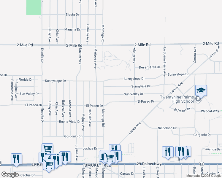 map of restaurants, bars, coffee shops, grocery stores, and more near 72183 Sunnyvale Drive in Twentynine Palms