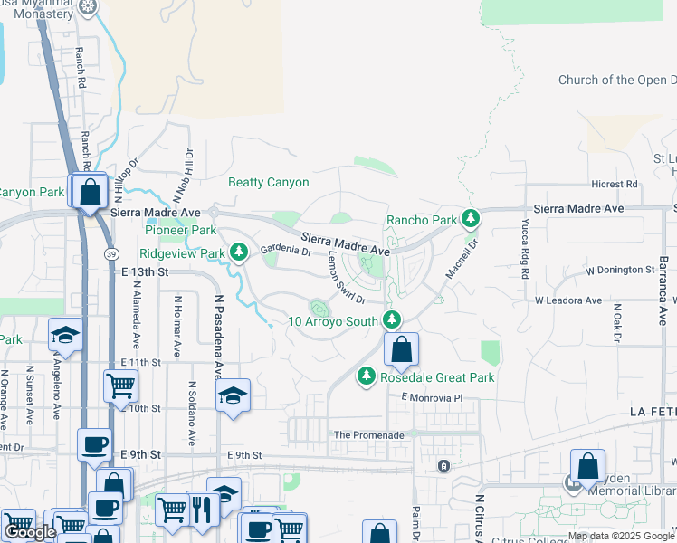 map of restaurants, bars, coffee shops, grocery stores, and more near 687 Lemon Swirl Drive in Azusa