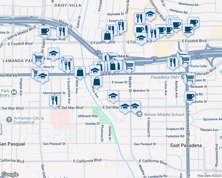 map of restaurants, bars, coffee shops, grocery stores, and more near 3191 Brandon Street in Pasadena