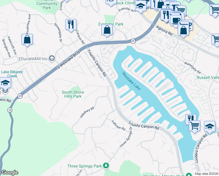 map of restaurants, bars, coffee shops, grocery stores, and more near 2352 Hillsbury Road in Westlake Village