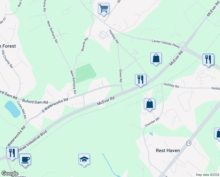 map of restaurants, bars, coffee shops, grocery stores, and more near 2999 South Waterworks Road in Buford