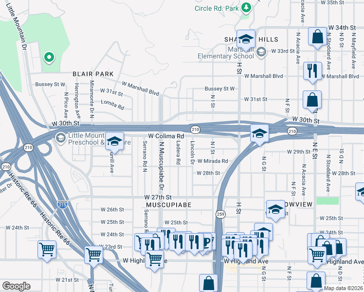 map of restaurants, bars, coffee shops, grocery stores, and more near 2865 Ladera Road in San Bernardino