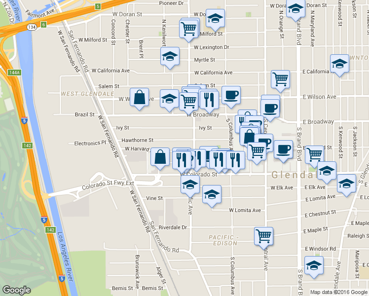 map of restaurants, bars, coffee shops, grocery stores, and more near 515 West Harvard Street in Glendale
