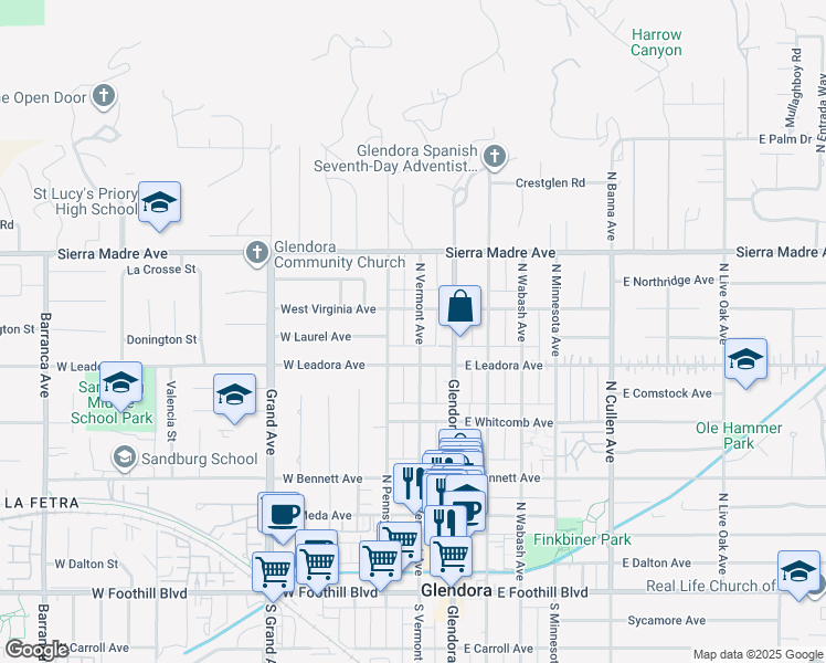 map of restaurants, bars, coffee shops, grocery stores, and more near 537 North Vermont Avenue in Glendora