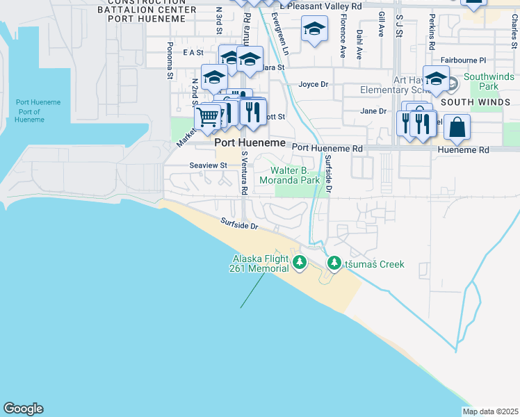 map of restaurants, bars, coffee shops, grocery stores, and more near 510 Island View Circle in Port Hueneme