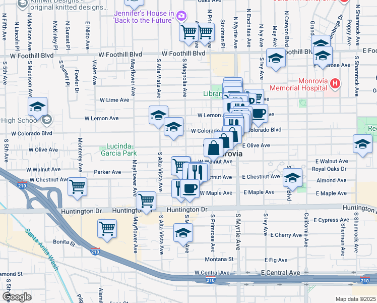map of restaurants, bars, coffee shops, grocery stores, and more near 704 South Magnolia Avenue in Monrovia