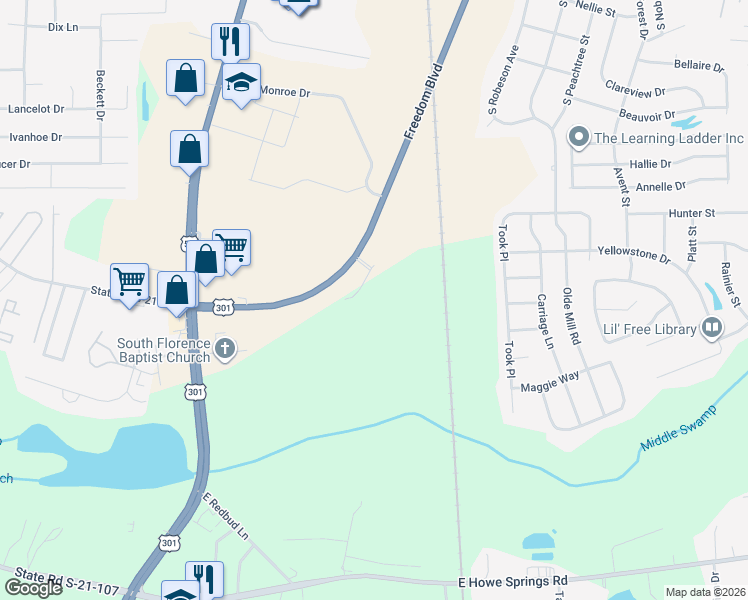 map of restaurants, bars, coffee shops, grocery stores, and more near 2350 Freedom Boulevard in Florence