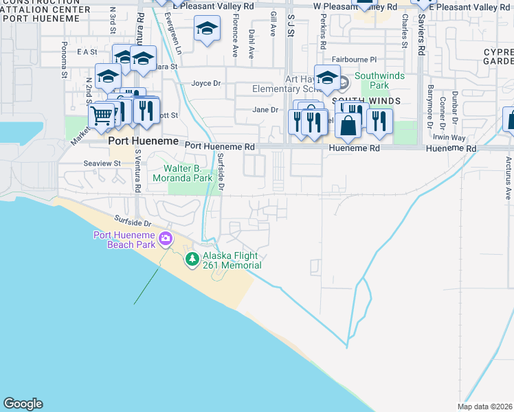 map of restaurants, bars, coffee shops, grocery stores, and more near 754 Ocean Breeze Drive in Port Hueneme