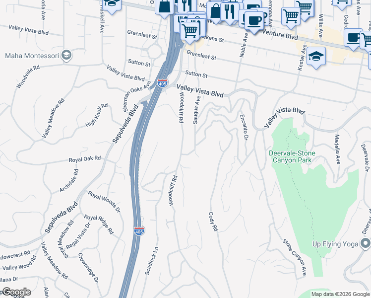 map of restaurants, bars, coffee shops, grocery stores, and more near 4058 Woodcliff Road in Los Angeles