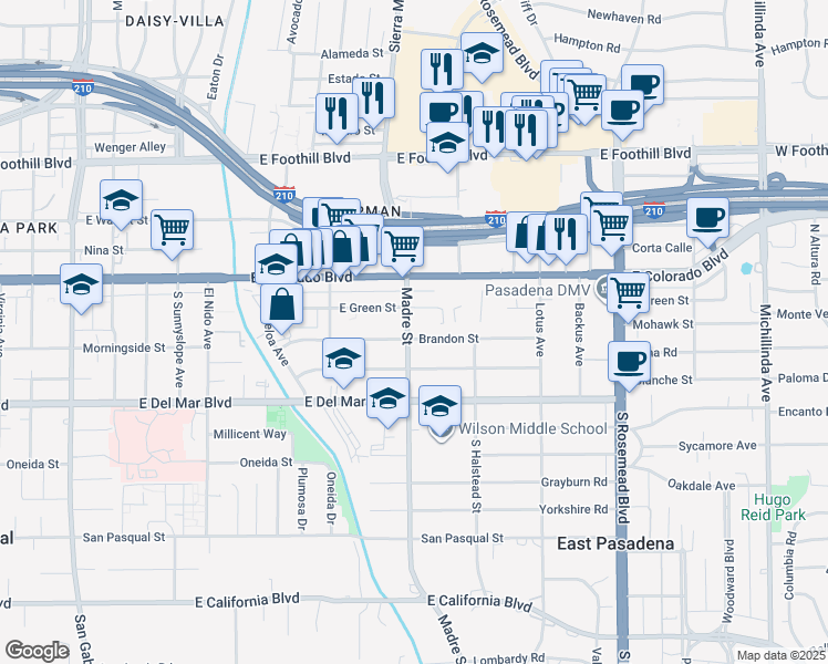 map of restaurants, bars, coffee shops, grocery stores, and more near 3401 Brandon Street in Pasadena