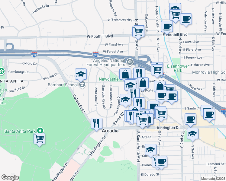 map of restaurants, bars, coffee shops, grocery stores, and more near 400 San Antonio Road in Arcadia