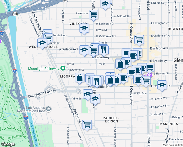 map of restaurants, bars, coffee shops, grocery stores, and more near 515 West Harvard Street in Glendale