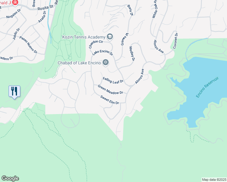 map of restaurants, bars, coffee shops, grocery stores, and more near 18101 Green Meadow Drive in Los Angeles