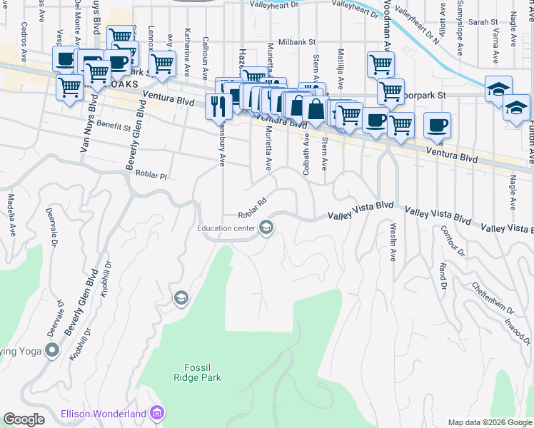 map of restaurants, bars, coffee shops, grocery stores, and more near 13957 Valley Vista Boulevard in Los Angeles