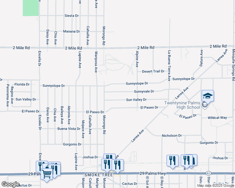 map of restaurants, bars, coffee shops, grocery stores, and more near 72183 Sunnyvale Drive in Twentynine Palms