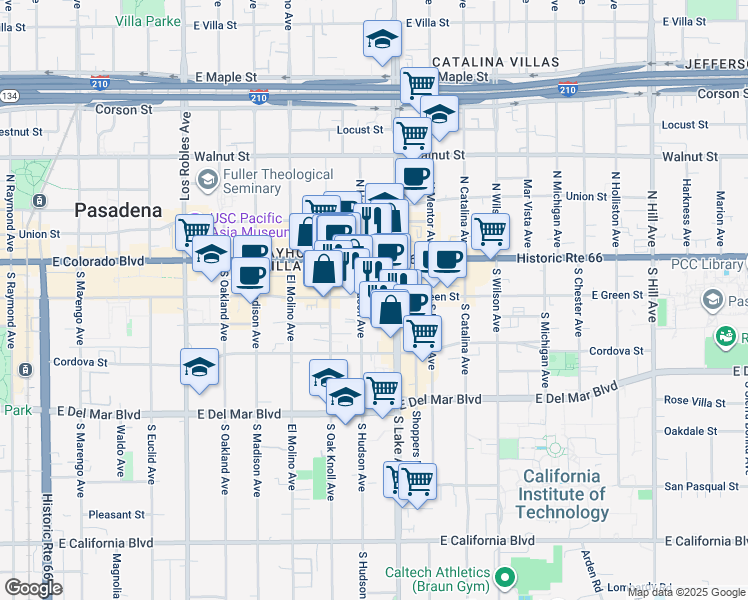 map of restaurants, bars, coffee shops, grocery stores, and more near 840 East Green Street in Pasadena
