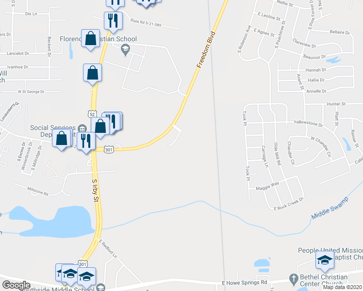 map of restaurants, bars, coffee shops, grocery stores, and more near 2350 Freedom Boulevard in Florence