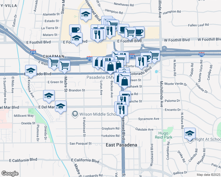 map of restaurants, bars, coffee shops, grocery stores, and more near 105 Backus Avenue in Pasadena