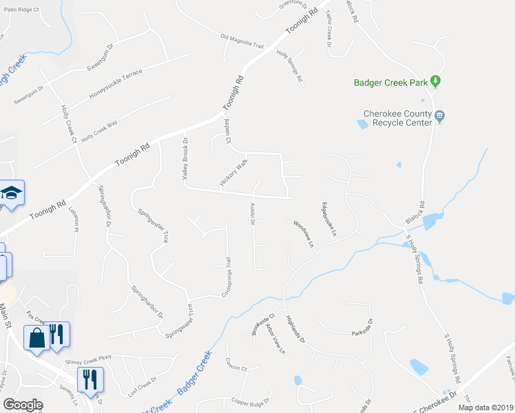map of restaurants, bars, coffee shops, grocery stores, and more near 1100 Ashlin Drive in Woodstock
