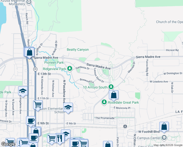 map of restaurants, bars, coffee shops, grocery stores, and more near 687 Desert Willow Road in Azusa