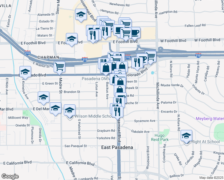 map of restaurants, bars, coffee shops, grocery stores, and more near 100 Backus Avenue in Pasadena