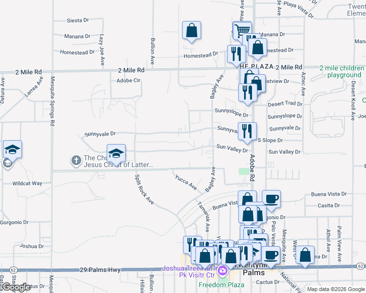 map of restaurants, bars, coffee shops, grocery stores, and more near 73406 Sun Valley Drive in Twentynine Palms