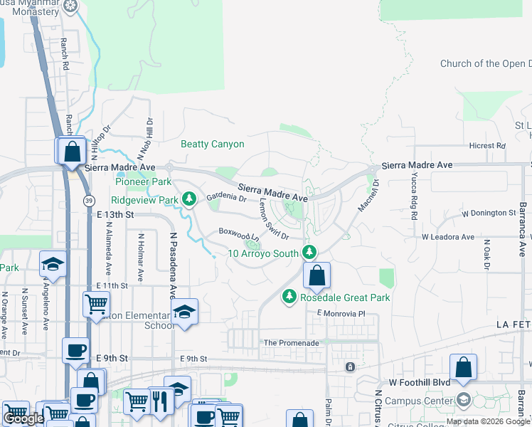 map of restaurants, bars, coffee shops, grocery stores, and more near 687 Desert Willow Road in Azusa