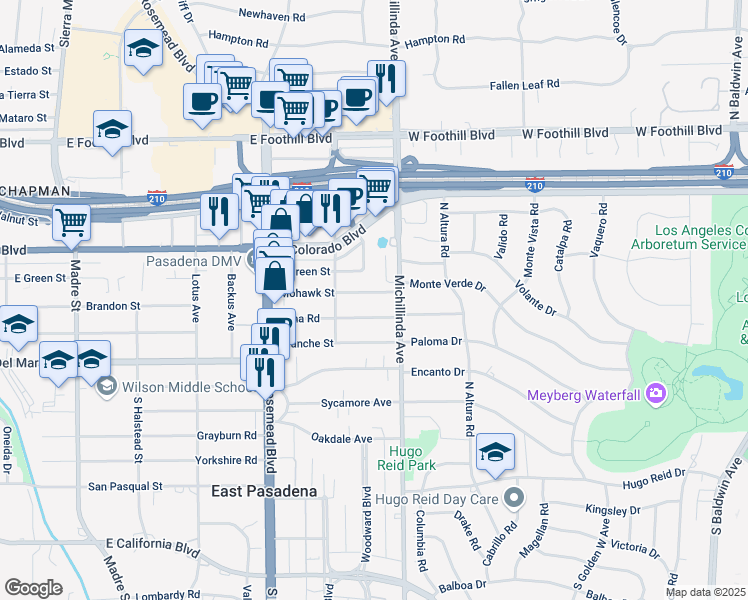map of restaurants, bars, coffee shops, grocery stores, and more near 3846 Mohawk Street in Pasadena