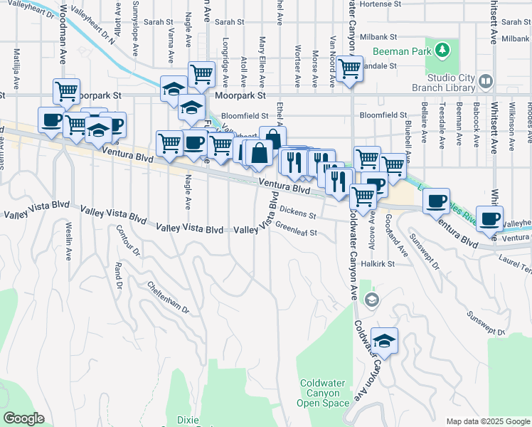 map of restaurants, bars, coffee shops, grocery stores, and more near 13141 Valley Vista Boulevard in Los Angeles