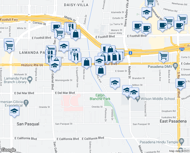map of restaurants, bars, coffee shops, grocery stores, and more near 3030 East Colorado Boulevard in Pasadena