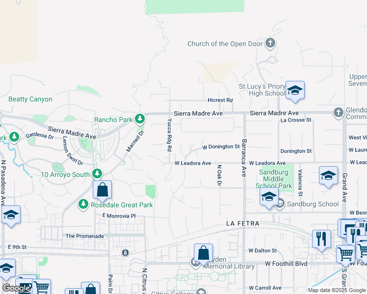 map of restaurants, bars, coffee shops, grocery stores, and more near 18627 West Leadora Avenue in Glendora