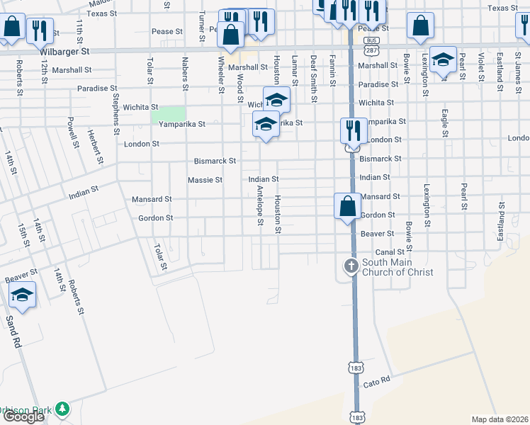 map of restaurants, bars, coffee shops, grocery stores, and more near 2631 Antelope Street in Vernon