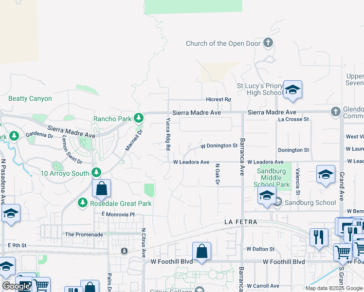 map of restaurants, bars, coffee shops, grocery stores, and more near 18627 West Leadora Avenue in Glendora