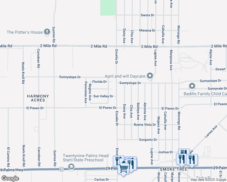 map of restaurants, bars, coffee shops, grocery stores, and more near 71667 Sunnyvale Court in Twentynine Palms