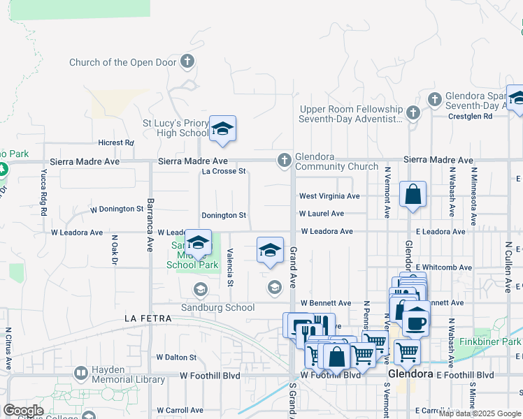 map of restaurants, bars, coffee shops, grocery stores, and more near 562 Richardson Lane in Glendora