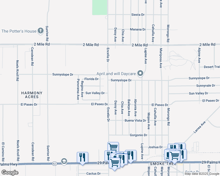 map of restaurants, bars, coffee shops, grocery stores, and more near 5989 Encelia Drive in Twentynine Palms