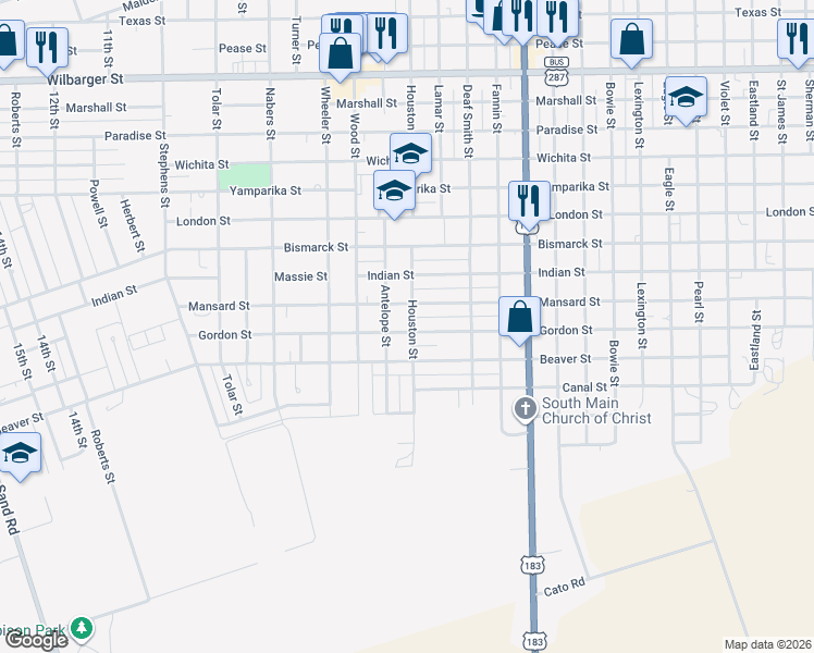 map of restaurants, bars, coffee shops, grocery stores, and more near 2631 Antelope Street in Vernon