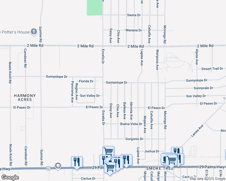 map of restaurants, bars, coffee shops, grocery stores, and more near 5989 Daisy Avenue in Twentynine Palms