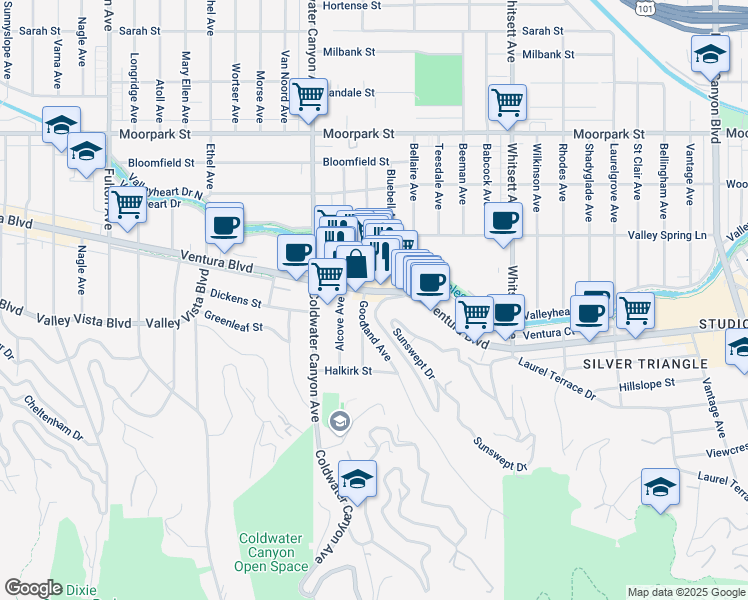 map of restaurants, bars, coffee shops, grocery stores, and more near 12754 Ventura Boulevard in Los Angeles