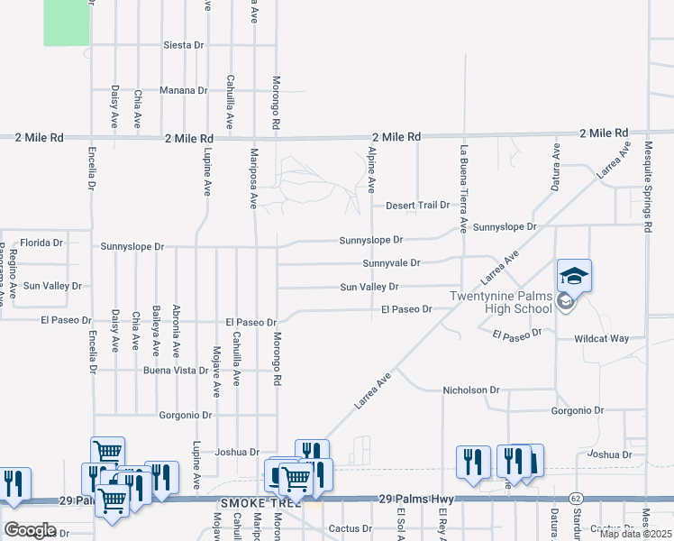 map of restaurants, bars, coffee shops, grocery stores, and more near 72231 Sunnyvale Drive in Twentynine Palms