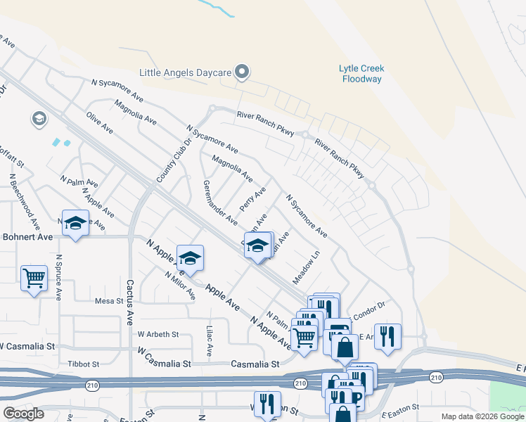 map of restaurants, bars, coffee shops, grocery stores, and more near 19693 Rowan Avenue in Rialto