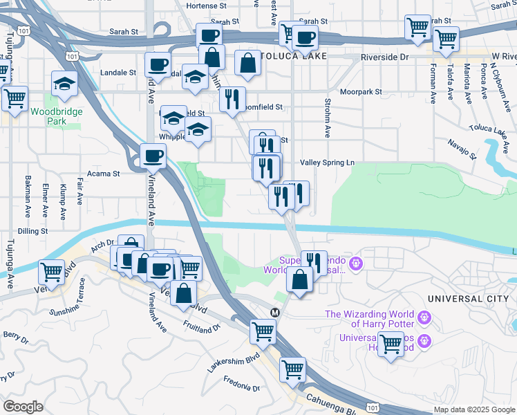 map of restaurants, bars, coffee shops, grocery stores, and more near 10635 Chiquita Street in Los Angeles