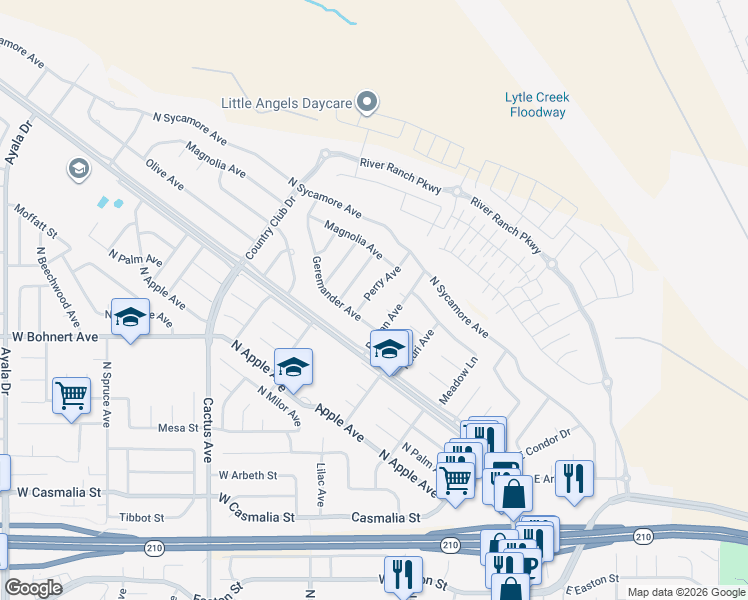 map of restaurants, bars, coffee shops, grocery stores, and more near 19607 Perry Avenue in Rialto