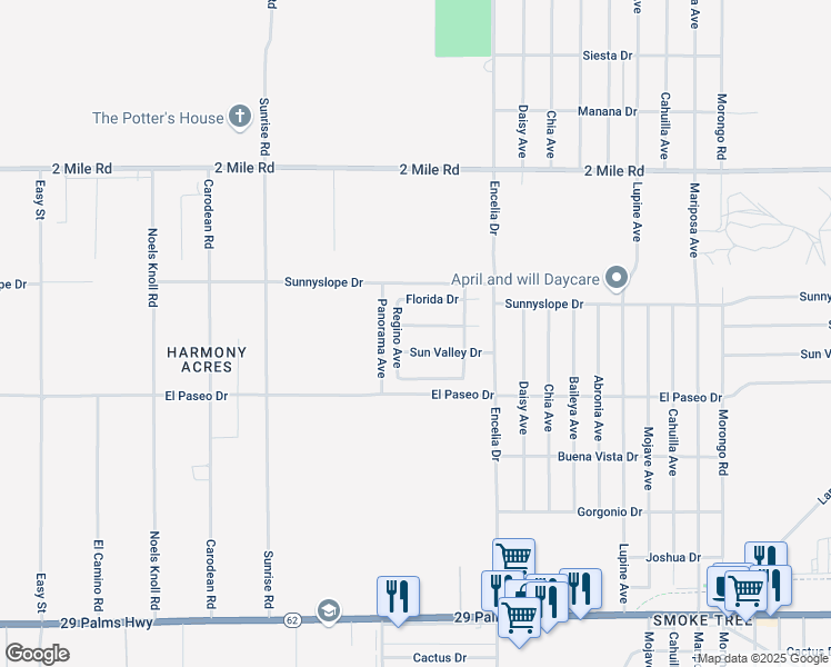 map of restaurants, bars, coffee shops, grocery stores, and more near 71529 Sunnyvale Drive in Twentynine Palms