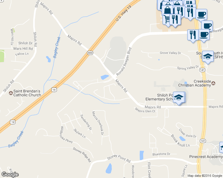 map of restaurants, bars, coffee shops, grocery stores, and more near 8240 Scuffle Bridge Ln in Cumming