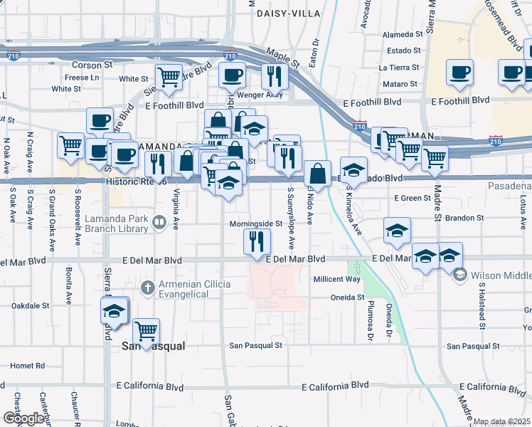 map of restaurants, bars, coffee shops, grocery stores, and more near 91 Eastern Avenue in Pasadena