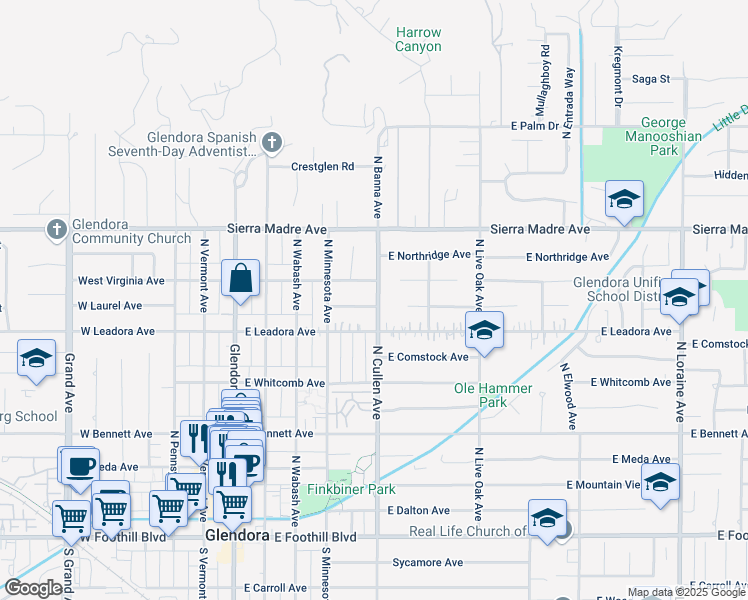 map of restaurants, bars, coffee shops, grocery stores, and more near 459 East Laurel Avenue in Glendora