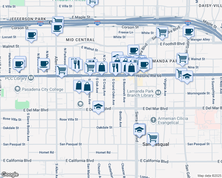 map of restaurants, bars, coffee shops, grocery stores, and more near 83 South Grand Oaks Avenue in Pasadena